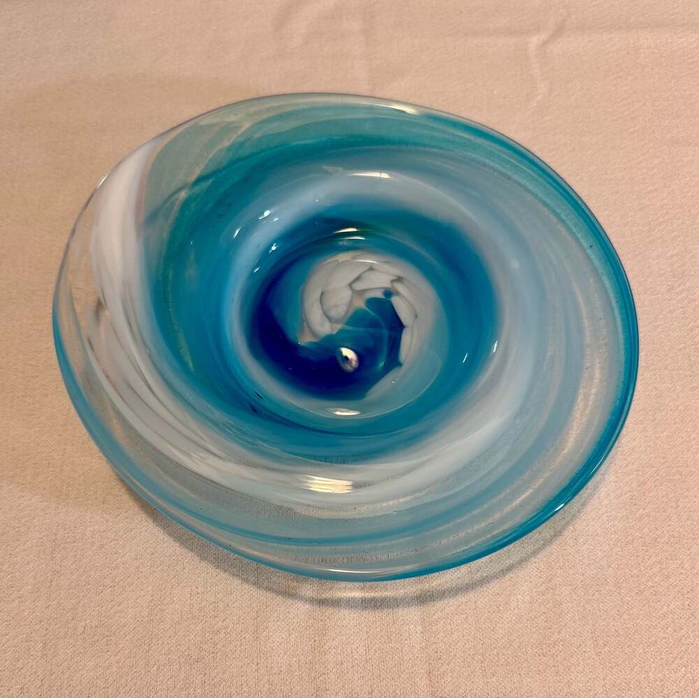 Mid-Century Blown Glass Swirl Bowl, Blue and White Ocean Design